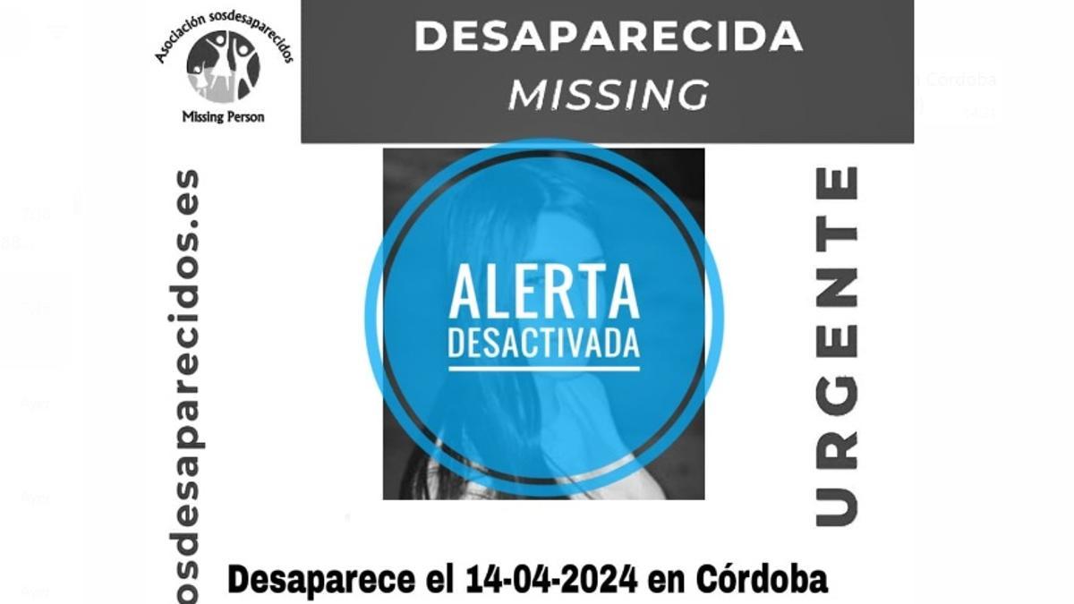 Alerta desactivada de SOS desaparecidos sobre la joven a la que se buscaba en Córdoba.