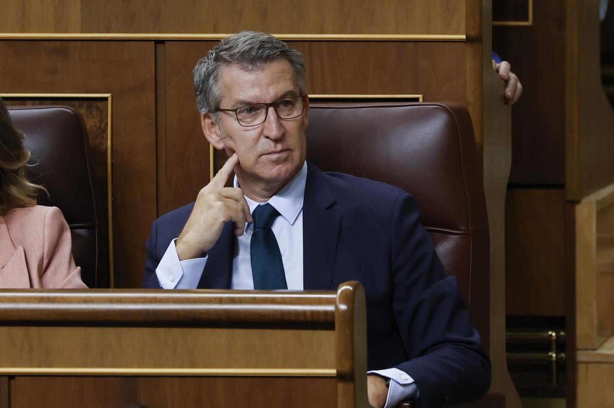 El presidente del PP, Alberto Núñez Feijóo escucha la comparecencia del jefe del Ejecutivo, Pedro Sánchez, que da cuenta este miércoles en el Congreso.