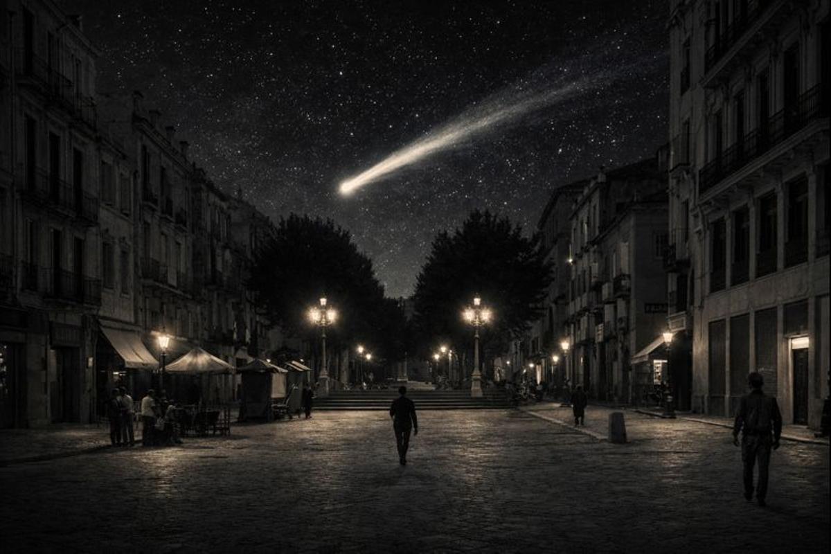 Imagen generada por ChatGPT que recrea el cometa en el cielo nocturno del Alicante de albores del siglo XX.