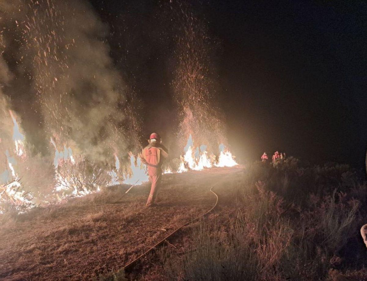Bomberos del SEPA y de la UME en el fuego de Genestoso. | JOSÉ LUIS FONTANIELLA