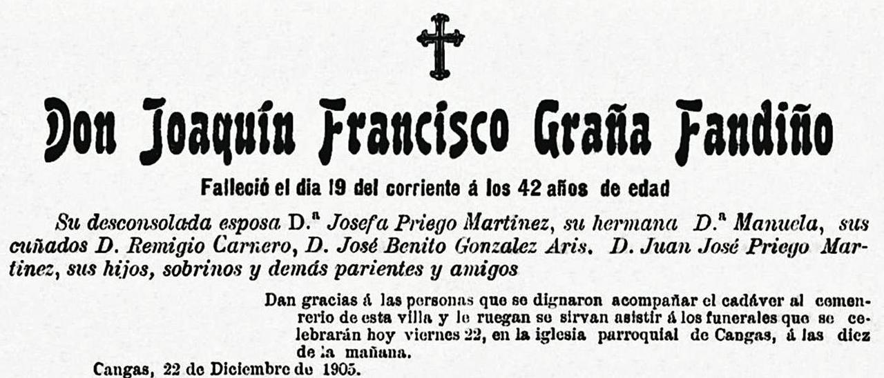 A esquela de Joaquín Francisco Graña Fandiño, publicada na prensa o 22 de decembro de 1905.