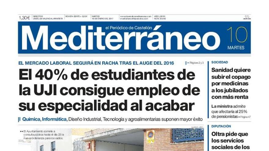 El 40% de estudiantes de la UJI consigue empleo de su especialidad al acabar, en la portada de Mediterráneo