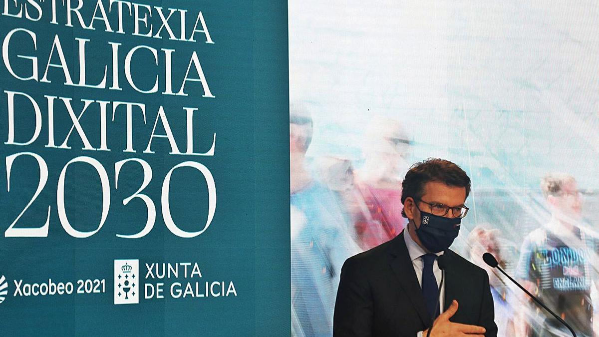 Feijóo, ayer, en la presentación de la Estratexia Galicia Dixital, en Santiago. |  // XOÁN ÁLVAREZ