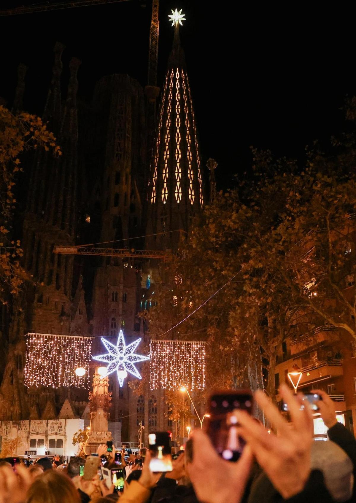Star is lit on Sagrada Familia tower on Immaculate Conception Day, in Barcelona