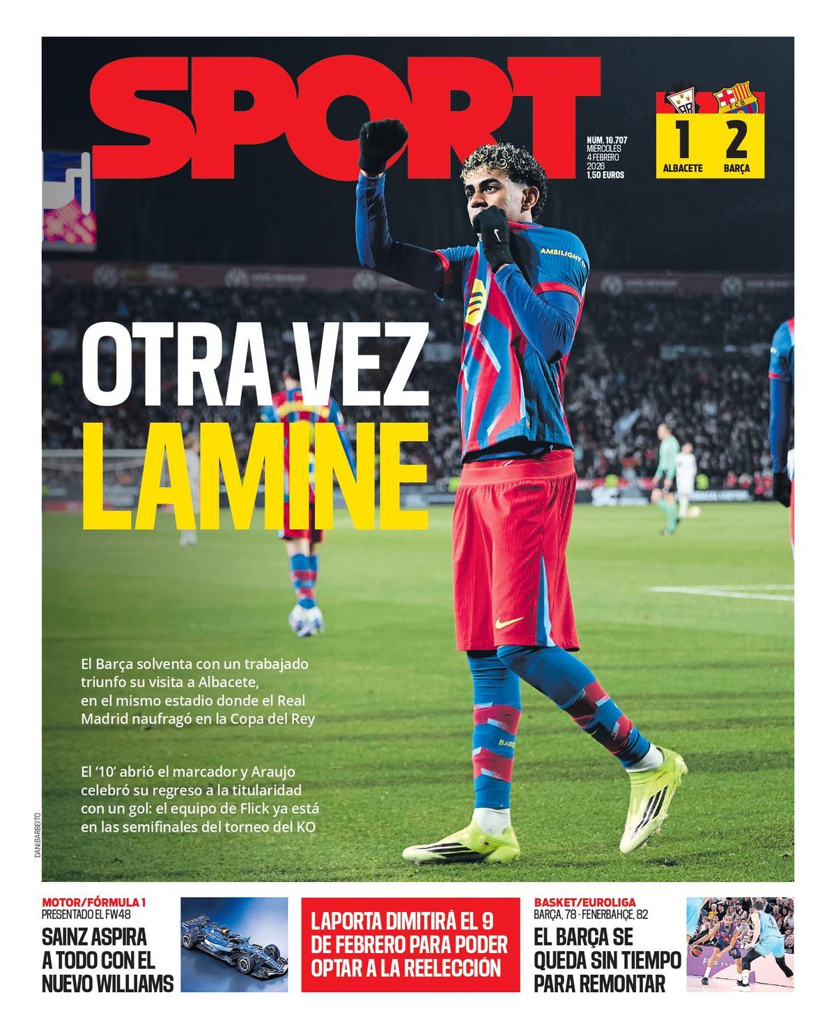 Esta es la portada de SPORT de hoy miércoles, 4 de febrero de 2026