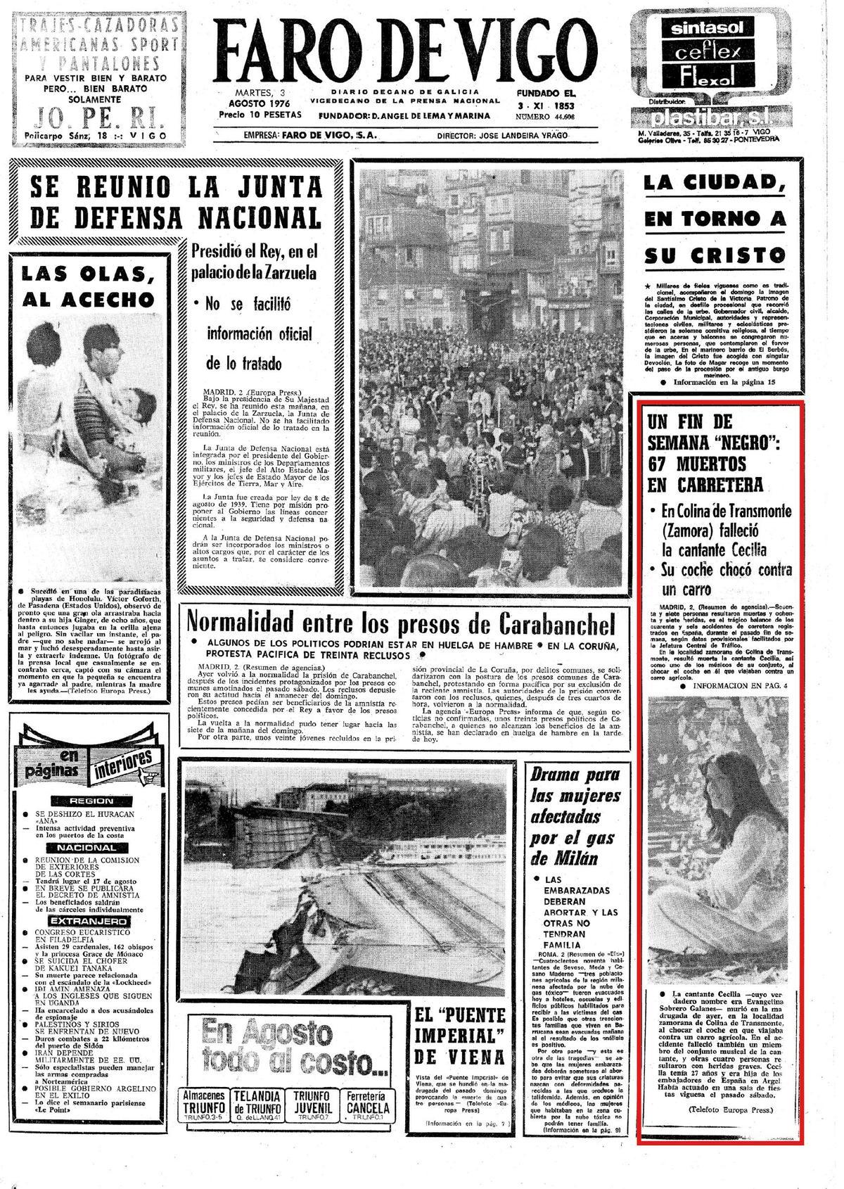 Portada de FARO, con la noticia de la muerte de Cecilia.