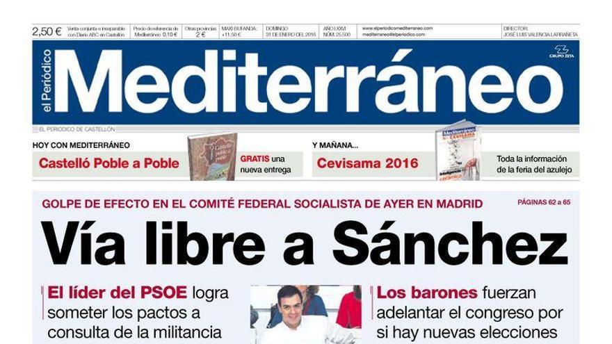 Vía libre a Sánchez, en la portada de Mediterráneo