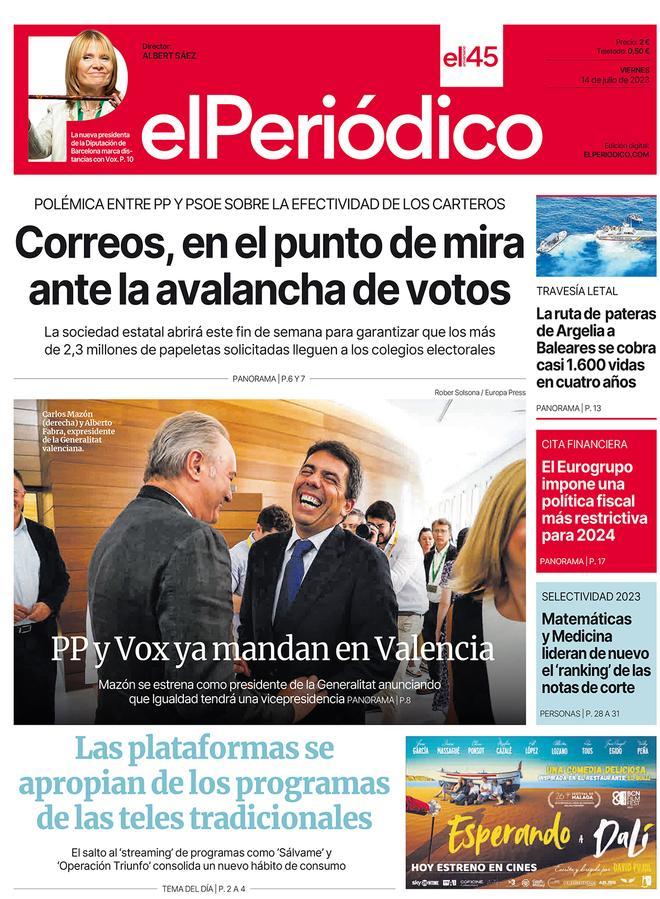 La portada d’EL PERIÓDICO del 14 de juliol del 2023