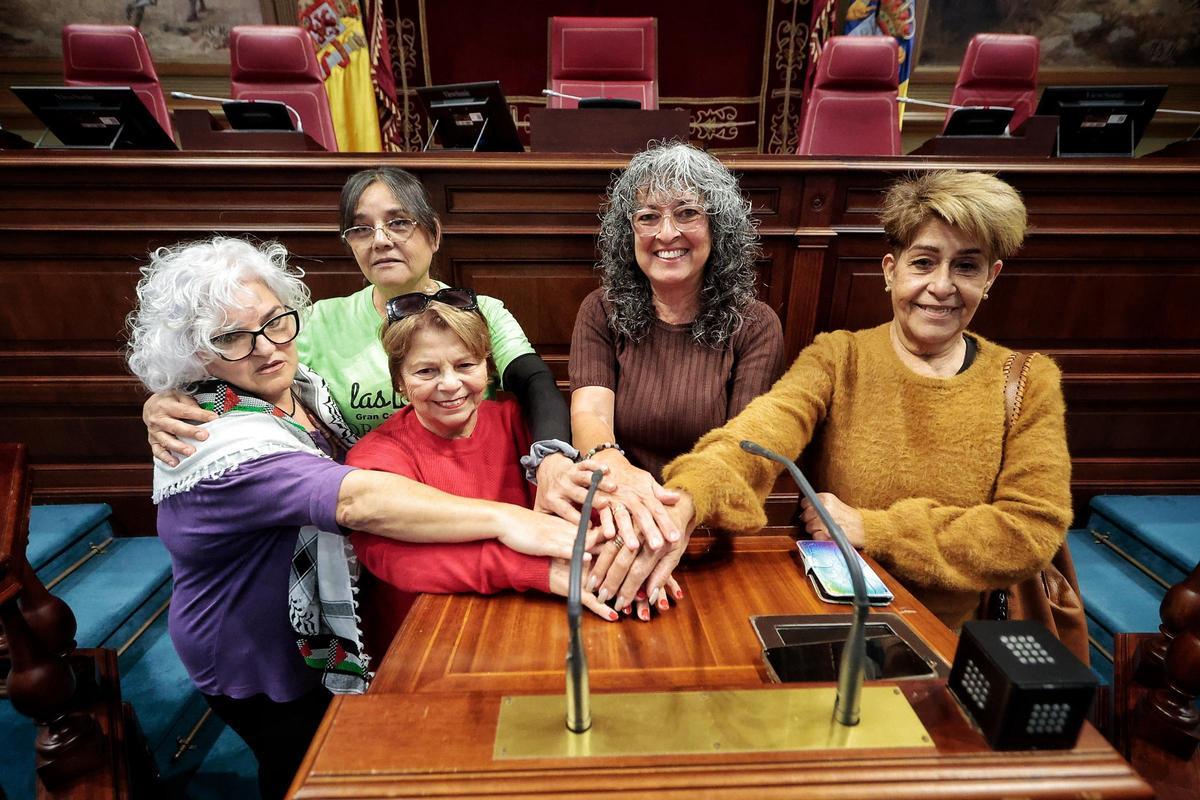 Melu Méndez, Marcia Díaz, Eudogia Medina, María Sierra y Reyes Fernández en la Cámara autonómica.