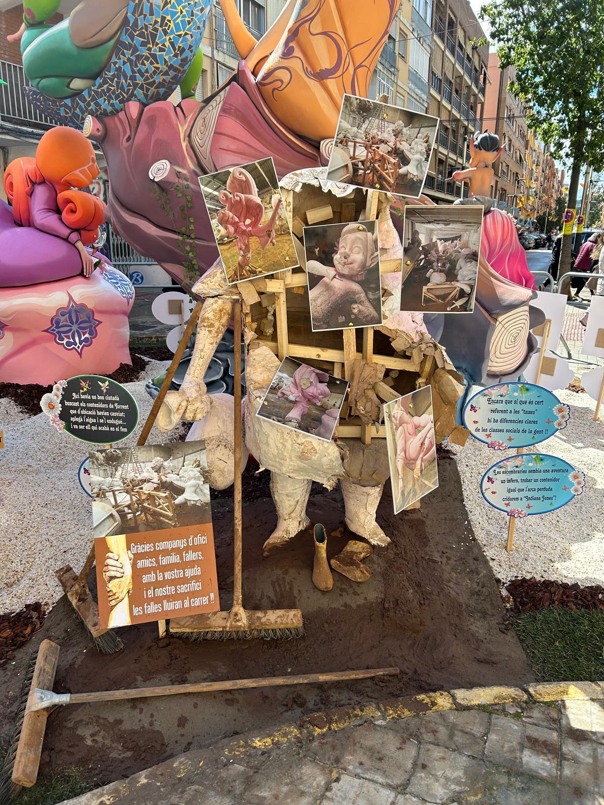 Ninot dañado por la dana, que escenifica lo vivido por el artista