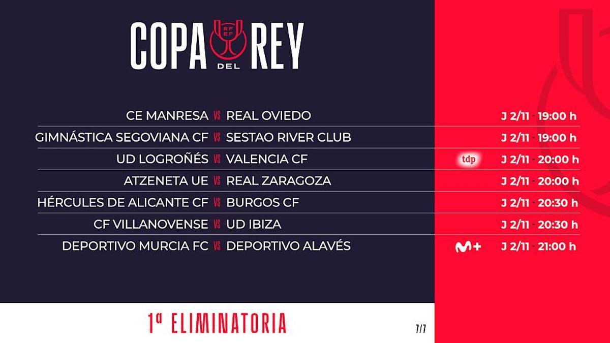 Cartela con el anuncio del horario del partido del Hércules en la ronda 1 de la Copa del Rey.