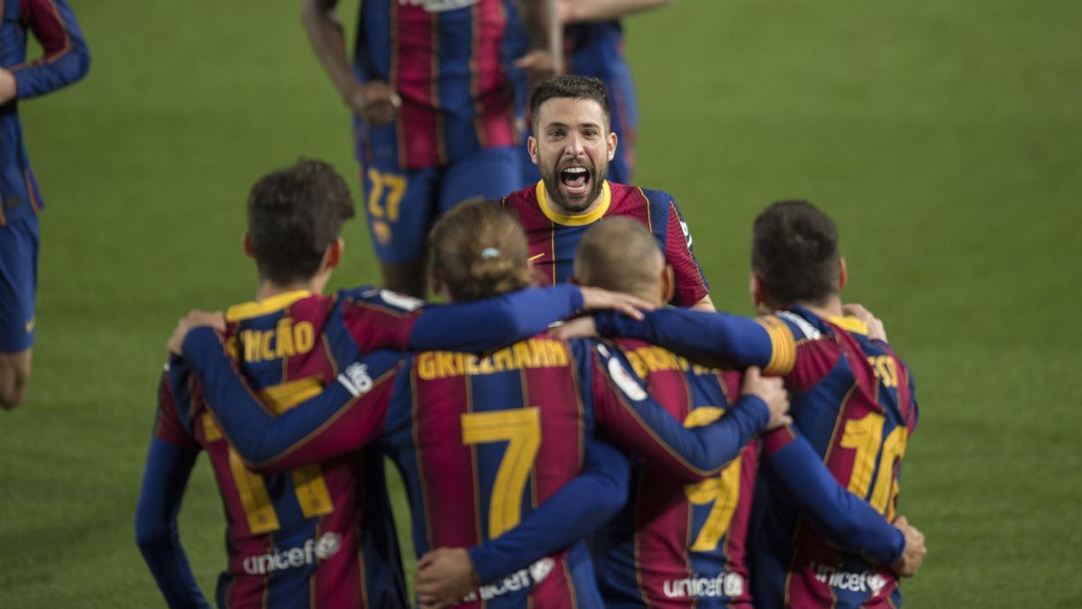 Celebración en el partido de Copa del Rey entre el Barça y el Sevilla