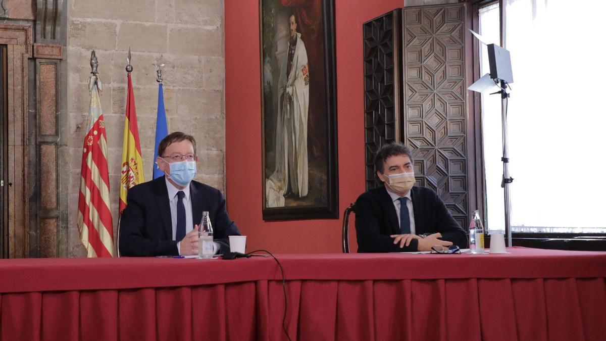 Ximo Puig y Francesc Colomer durante el encuentro online con la asociación británica de agencias de viajes