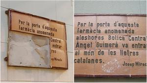 El antes y después de la placa cerámica de la farmacia de Àngel Guimerà en la plaza del Pi