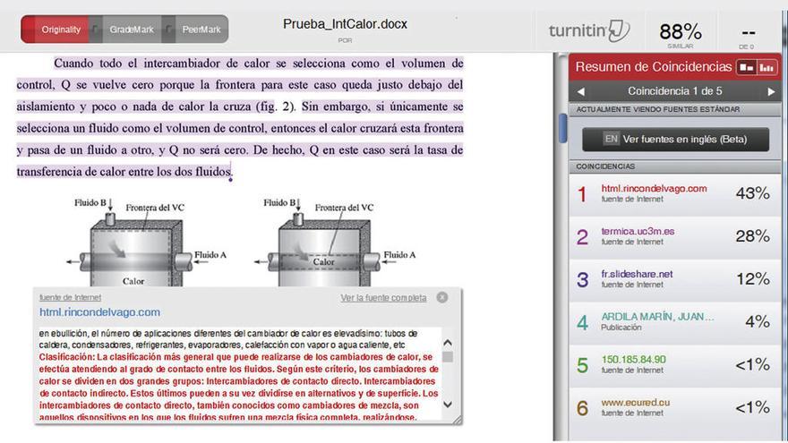 Un texto de prueba analizado por Turnitin. A la derecha, el porcentaje de texto copiado y las fuentes originales.