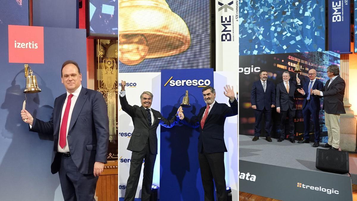 A la izquierda, Pablo Martín toca la campana de la Bolsa de Madrid el pasado julio, cuando Izertis debutó en el Mercado Continuo. En el centro, Antonio y Carlos Suárez, presidente y CEO de Seresco, tocan la campana en diciembre de 2022. A la derecha, Marcelino Cortina, CEO de Treelogic, toca la campana con Pablo Piñera, Enrique Berdayes e Ignacio Morate en enero.
