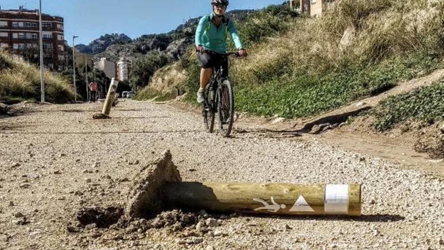 Los ciclistas sufren los actos vandálicos que han derribado los postes en mital del carril.