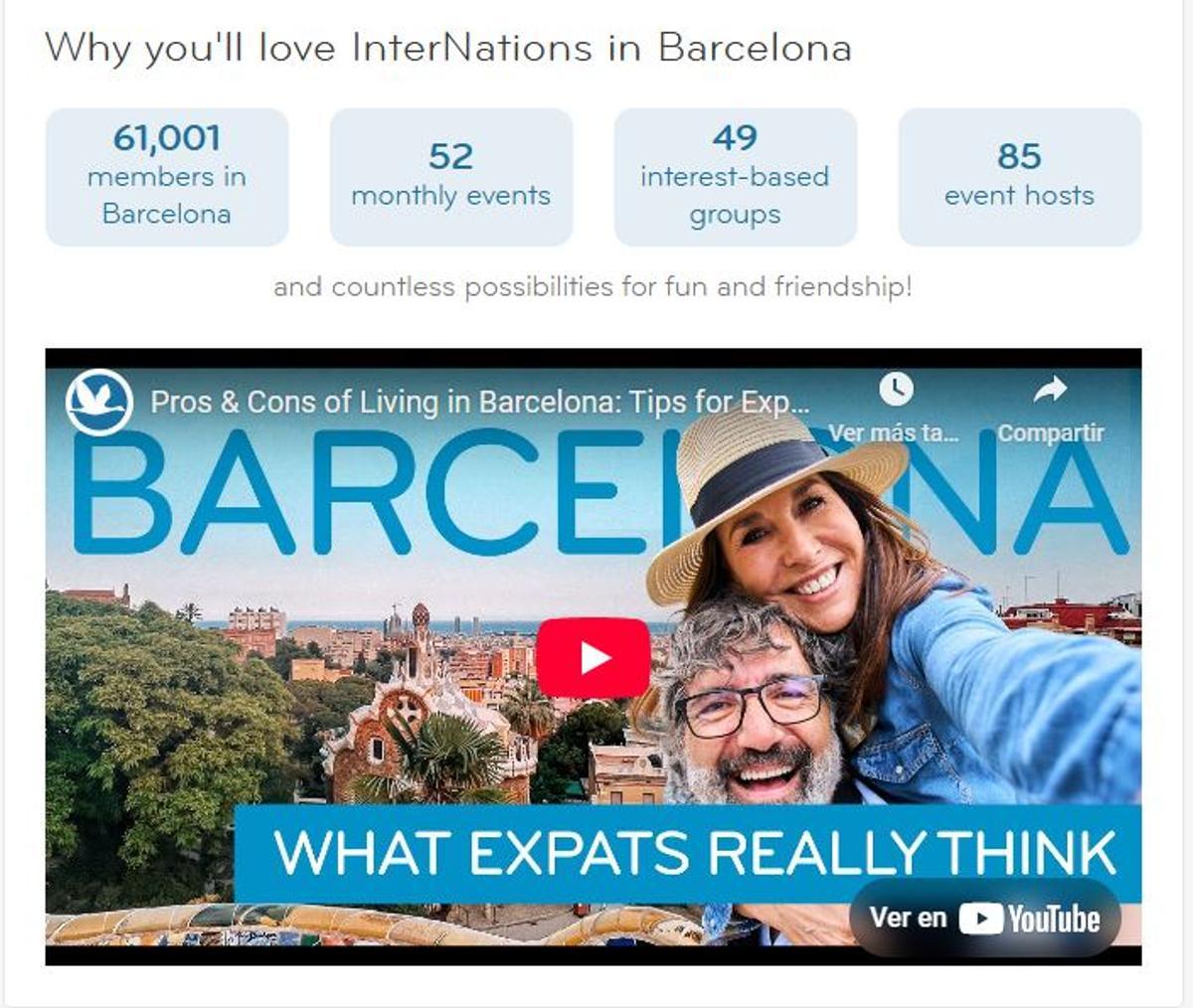 Detalle de la web de Internations, principal plataforma de contacto de expats en Barcelona