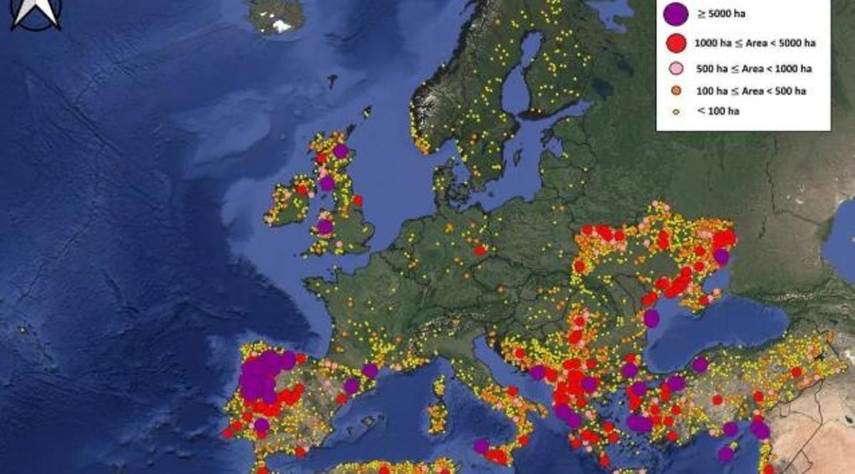 L'activitat d'incendis forestals el 2025 va ser especialment alta a Portugal, Espanya, sud de França, sud d'Itàlia, Grècia, Turquia, Ucraïna i algunes zones del Regne Unit. La majoria dels incendis de més de 5.000 hectàrees (cercles morats) es van produir a la part occidental de la península ibèrica