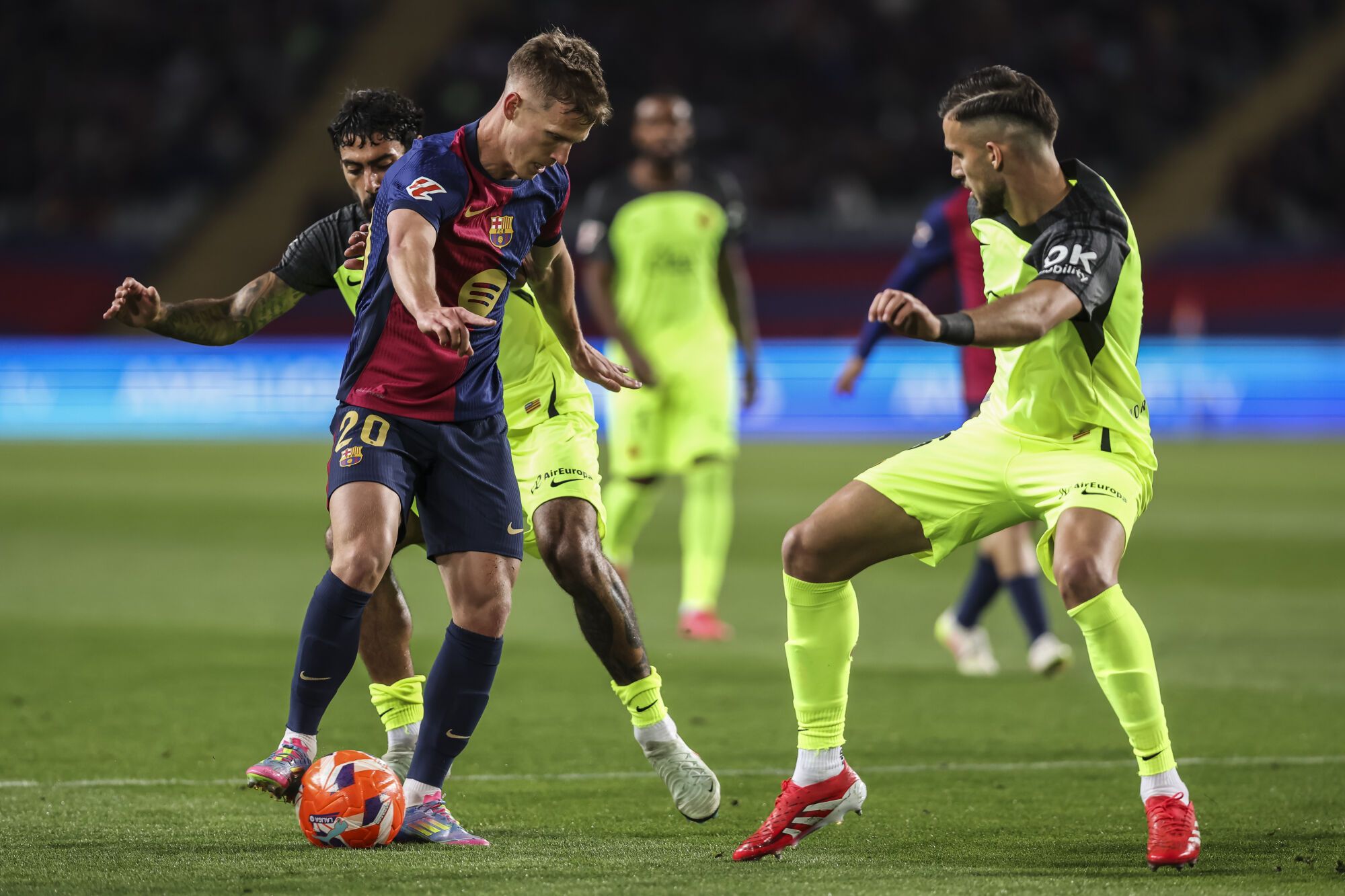 Dani Olmo of FC Barcelona in action during the Spanish league, La Liga EA Sports, football match played between FC Barcelona and RCD Mallorca at Estadi Olimpic Lluis Companys on April 22, 2025 in Barcelona, Spain. AFP7 22/04/2025 ONLY FOR USE IN SPAIN. Javier Borrego / AFP7 / Europa Press;2025;SPORT;ZSPORT;SOCCER;ZSOCCER;FC Barcelona v RCD Mallorca - La Liga EA Sports;