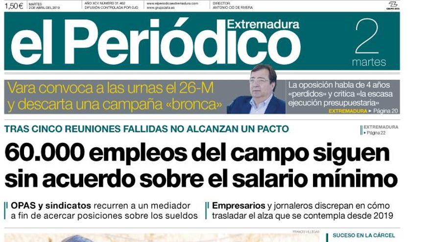 Esta es la portada de EL PERIÓDICO EXTREMADURA correspondiente al día 2 de abril del 2019