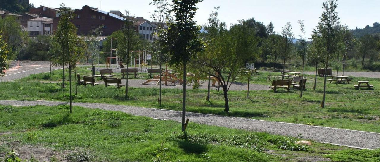 Perspectiva del parc, amb l’arbrat, bancs, taules, la zona infantil i l’espai de cal·listènia, al fons | GUILLEM CAMPS