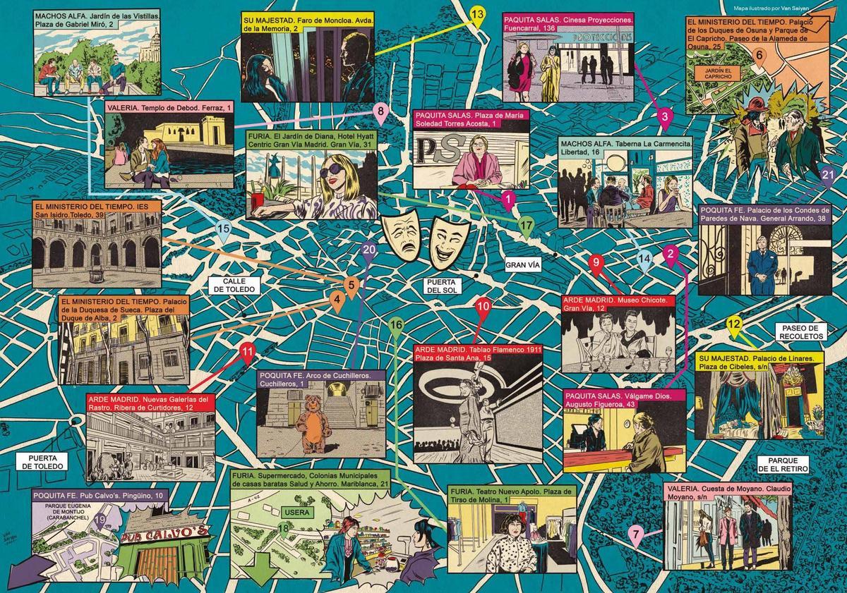 'Poquita fe', 'Paquita Salas' y 'Machos Alfa', en el mapa iustrado 'Nuevas comedias madrileñas'.