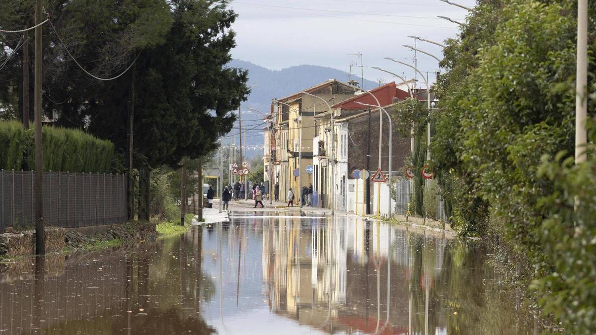 El agua desbordada del barranco de Barxeta todavía anegaba ayer las calles de Cogullada.