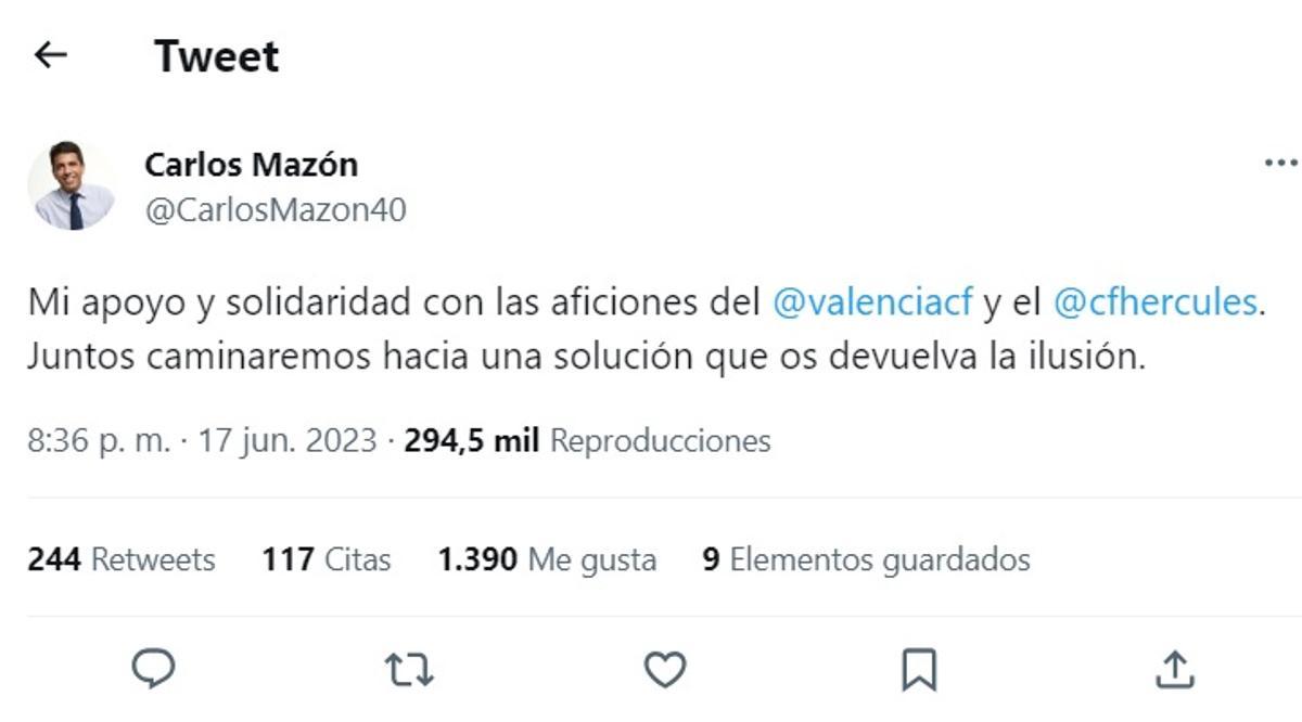 Tuit publicado en la cuenta personal de Carlos Mazón en la red social Twitter.