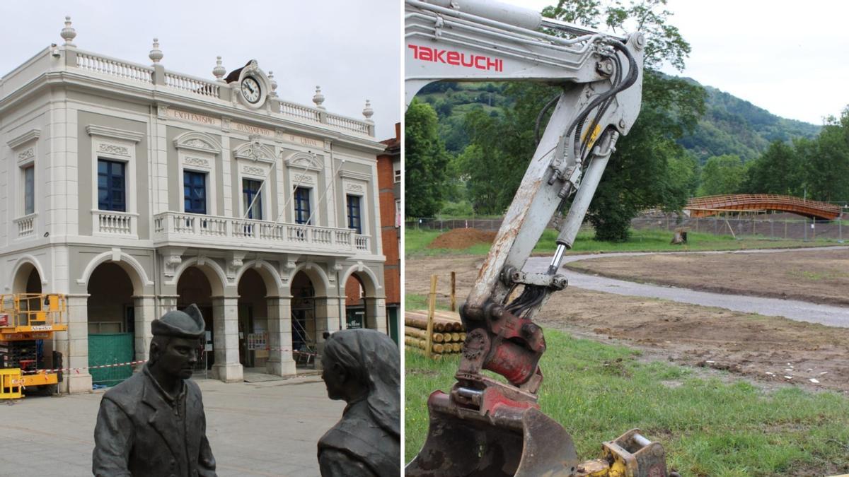 A la izquierda, las obras a punto de acabr en el Ayuntamiento. A la derecha, trabajos en La Chalana, con la nueva pasarela al fondo.