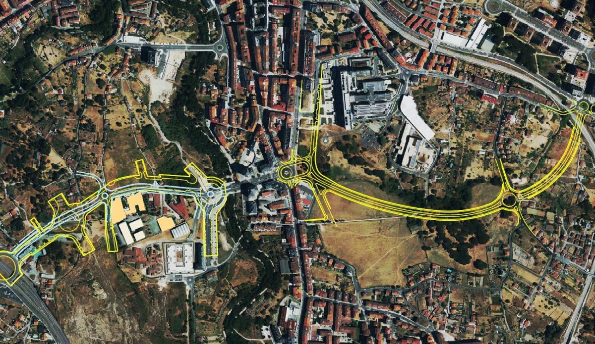 En la imagen se pueden apreciar las diferencias entre el proyecto de la Xunta (trazado con una línea azul) y el solicitado por el Concello (en color amarillo).