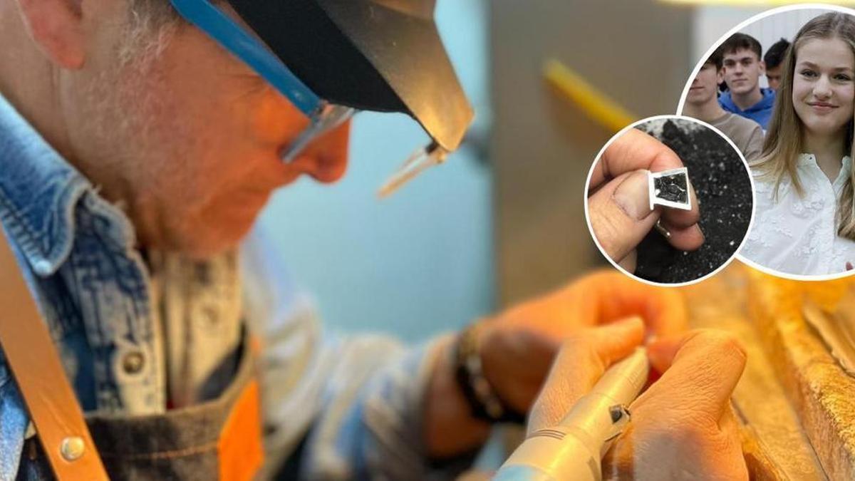 Alfredo Asensio trabaja en el taller de la joyería. En el círculo la Princesa Leonor y un detalle de una joya.