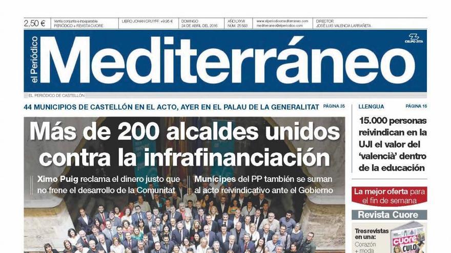 Más de 200 alcaldes unidos contra la infrafinanciación, en la portada de Mediterráneo