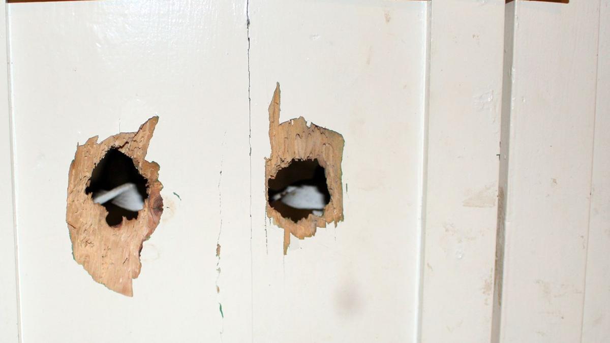 Impactos de bala en la puerta de una de las viviendas.