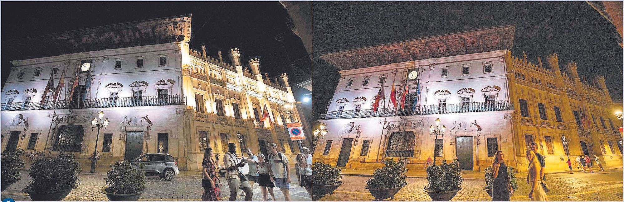 Am Dienstag hatten das Rathaus von Palma und der Sitz des Inselrats noch ihre Lichter an, am Mittwoch (rechts) nur noch das Rathaus.