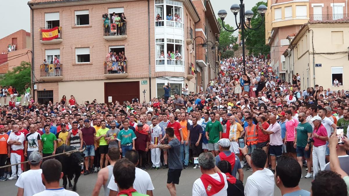 Siguiñuelo, en la plaza de la farola (de Los Leones), atestada de público y de corredores.