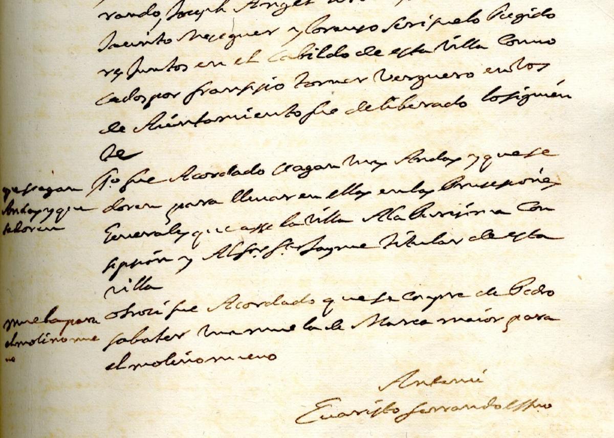 Imagen del acta del acuerdo el Ayuntamiento de 1728 en el que se menciona una intervención en las andas de la Puríssima municipal.