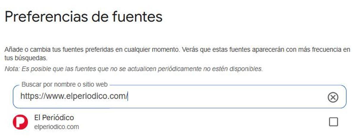 Preferencias de fuentes en Google