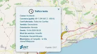 Tráfico en Alicante hoy: retenciones y accidentes en la A-70 y la AP-7 complican la mañana en la provincia