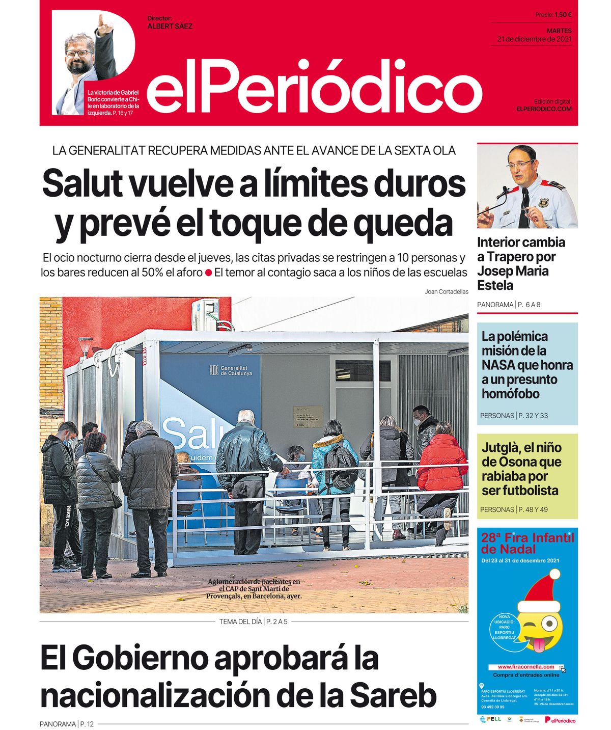 La portada d’EL PERIÓDICO del 21 de desembre del 2021 La portada d’EL PERIÓDICO del 21 de desembre del 2021
