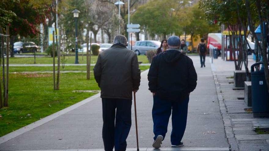 Dos hombres dan un paseo por una zona ajardinada.