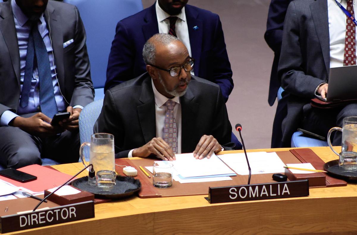 Nueva York 29/12/2025.- Abukar Dahir Osman, representante de Somalia en Naciones Unidas, habla durante la sesión de emergencia del Consejo de Seguridad tras el reconocimiento de Israel de la región somalí de Somalilandia como Estado