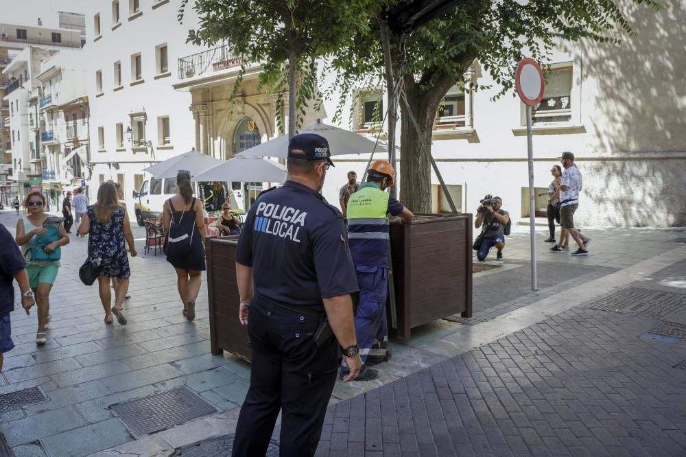 Nach dem Anschlag in Barcelona sind am Montag (21.8.) weitere Lkw-Barrieren in Form von Blumenkübeln aufgestellt worden, diesmal im Carrer Oms - die Fußgängerzone verbindet Plaça d'Espanya mit der Blumen-Rambla.