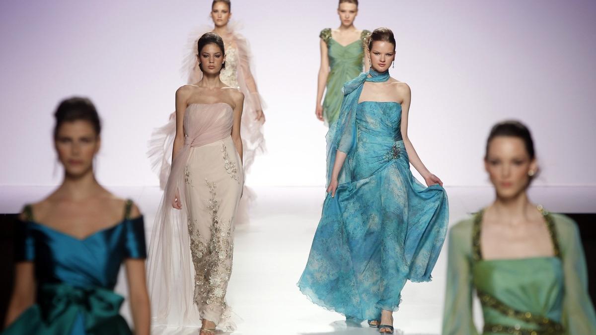 Models present creations from designer Piedad Rodriguez at the Barcelona Bridal Week fashion show