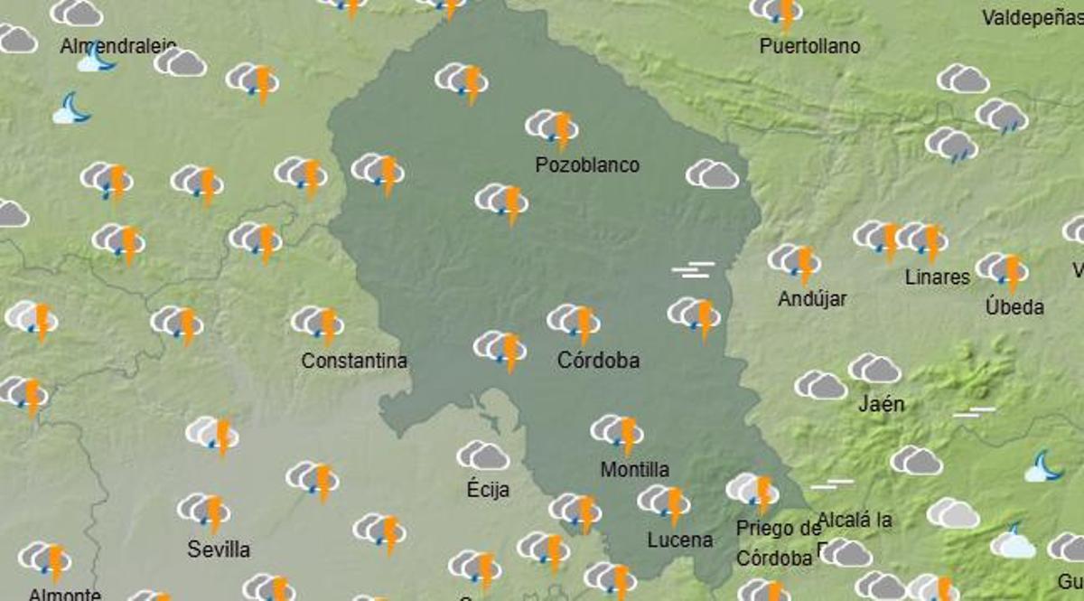Mapa de lluvias en Córdoba este martes.