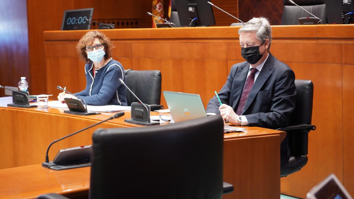 La consejera y el presidente de la Cámara de Cuentas de Aragón, Rosa Montolío y Alfonso Peña, durante su comparecencia en las Cortes este lunes.