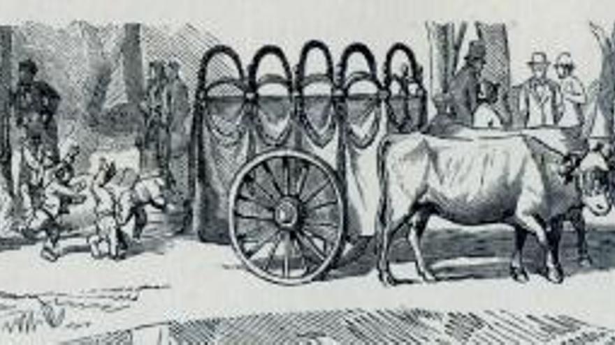 Grabado de J. Cuevas, de 1879, que reproduce la marcha hacia el Campo San Francisco del habitual ramo y la carroza donde se llevaban los bollos.