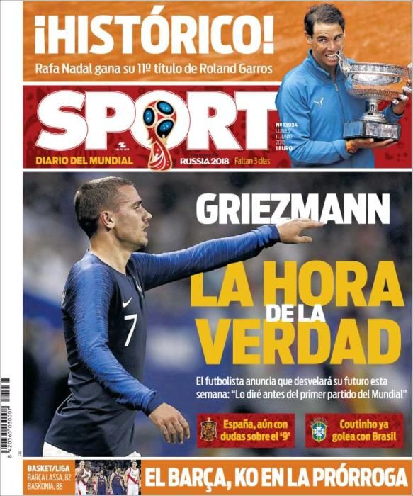 Portada SPORT lunes 11 de junio de 2018