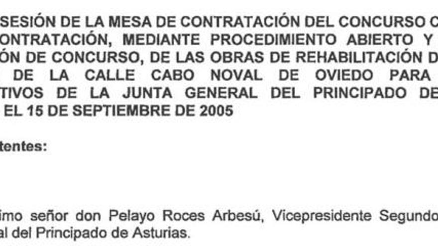 Reproducción del encabezamiento del acta de adjudicación, que muestra que Pelayo Roces presidía la sesión.