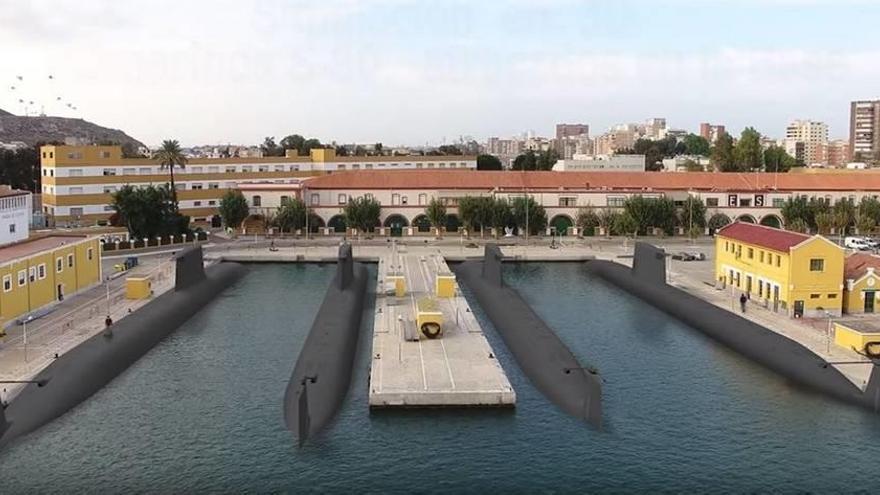 Recreación virtual de las Fuerzas Armadas en la que se ven los cuatro sumergibles en la Base de Submarinos del Arsenal de Cartagena.